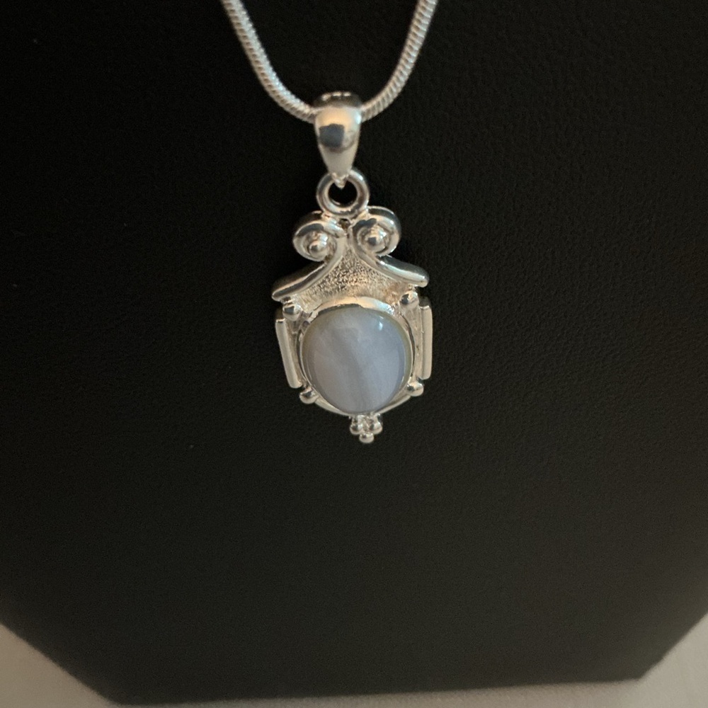 Blue Lace Agate Sterling Silver Pendant Necklace